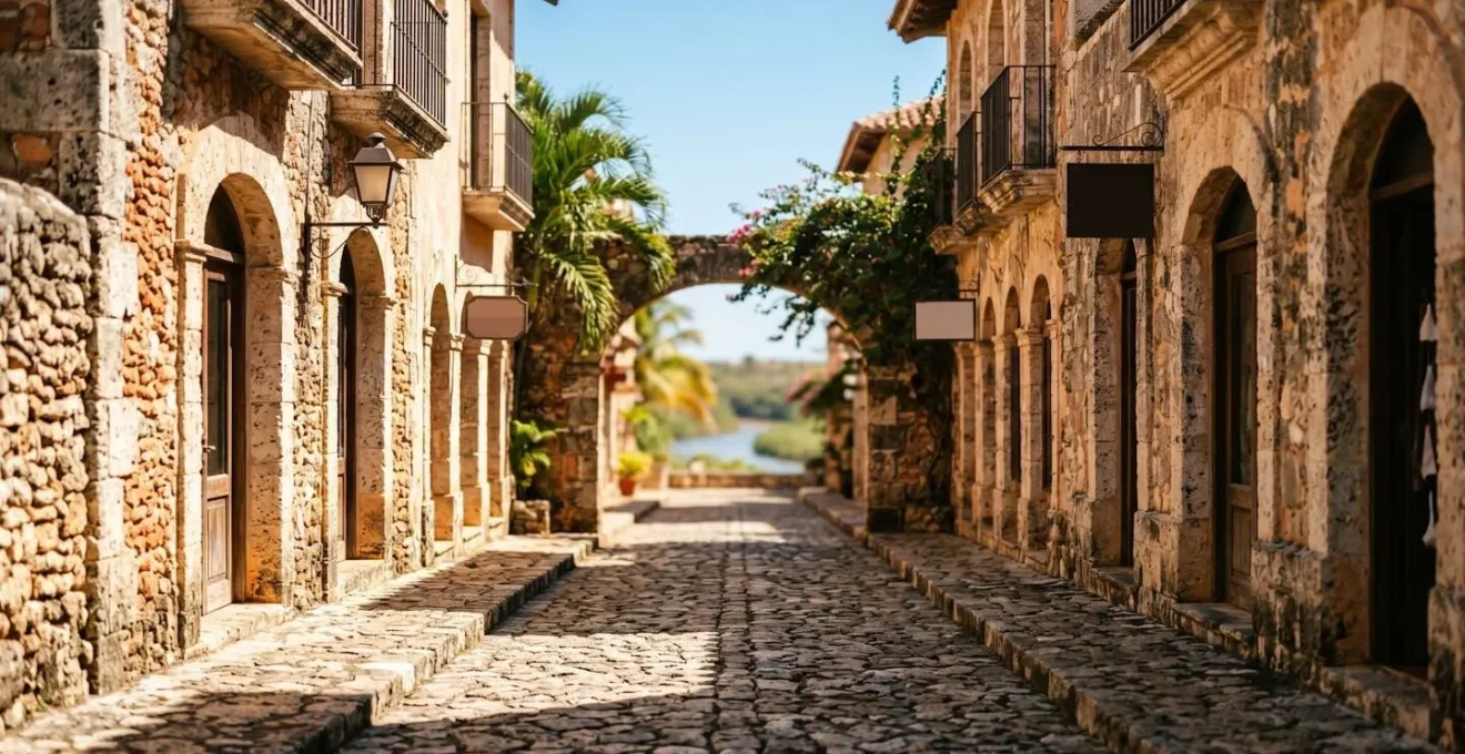 Mediterranean-style cobblestone street in Altos de Chavon cultural village with colonial architecture