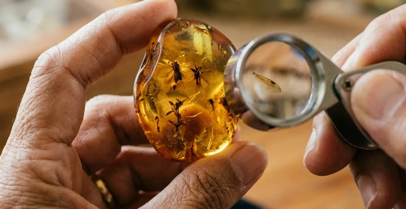 Professional examining amber jewelry with magnifying glass in Dominican shop