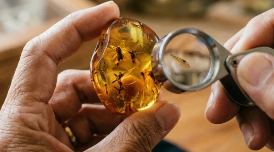 Professional examining amber jewelry with magnifying glass in Dominican shop