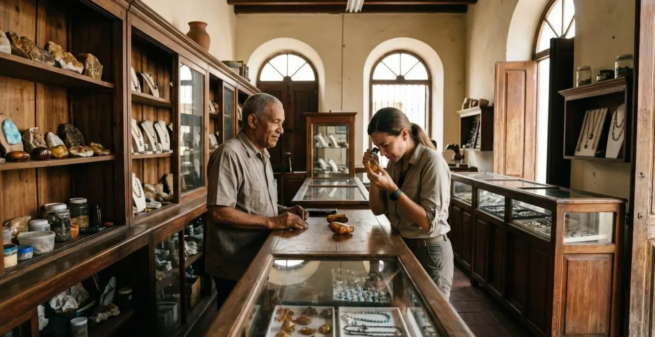 Hands examining amber jewelry with loupe in a traditional Dominican shop setting