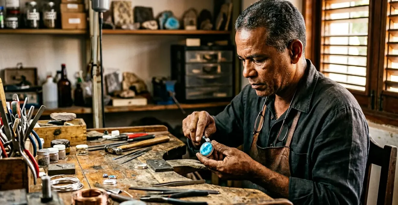 Skilled Dominican jeweler working on custom larimar piece in traditional workshop
