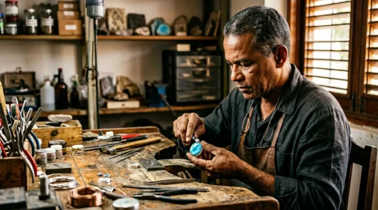 Skilled Dominican jeweler working on custom larimar piece in traditional workshop