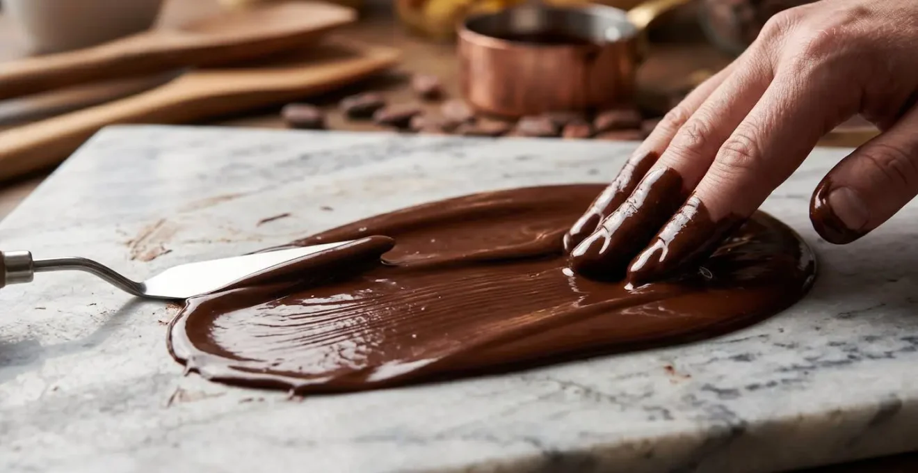 Closeup of chocolatier's hands working with melted chocolate on marble surface showing tempering technique