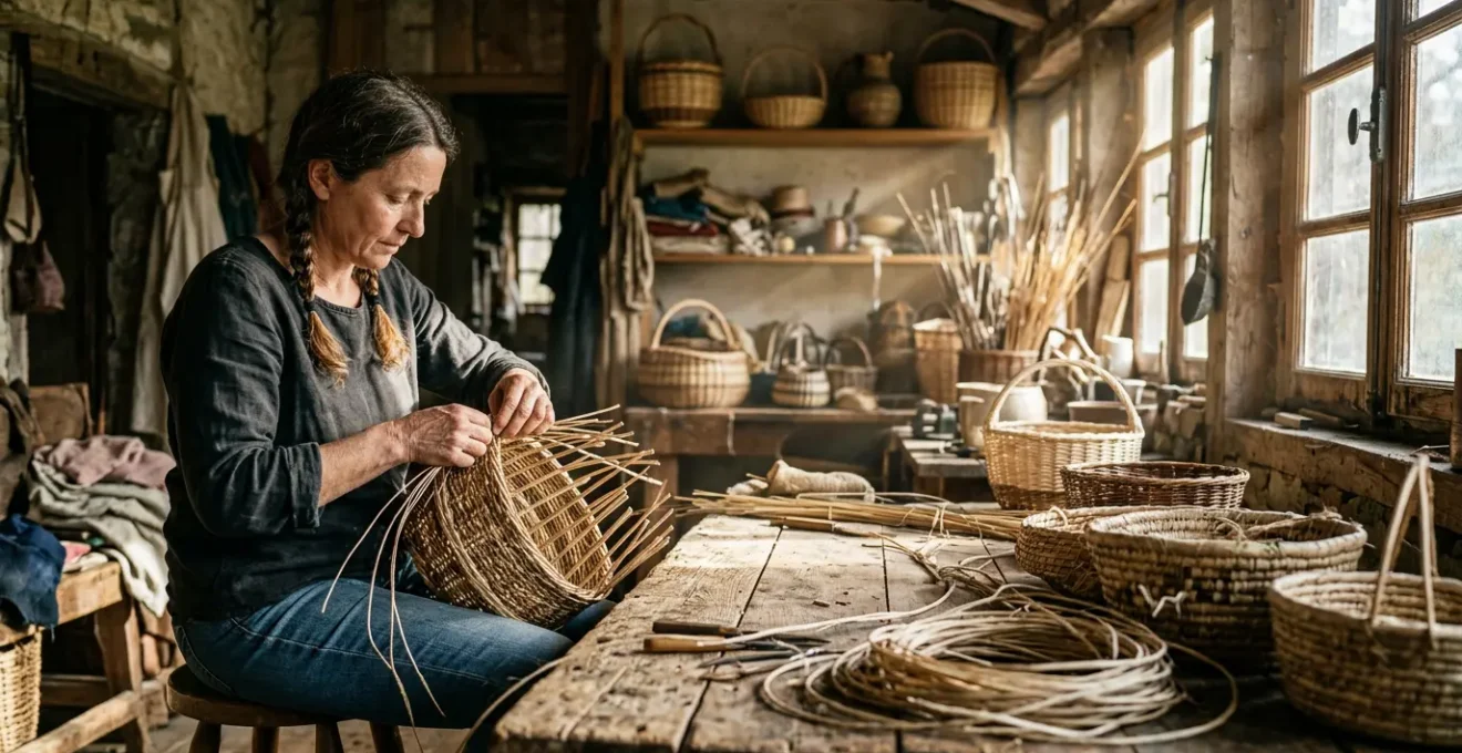 Local artisan weaving baskets in a traditional workshop with natural light filtering through windows