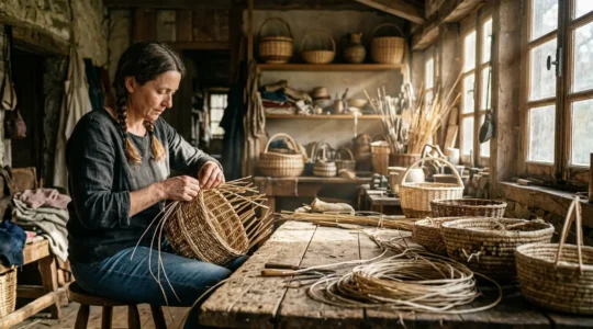 Local artisan weaving baskets in a traditional workshop with natural light filtering through windows