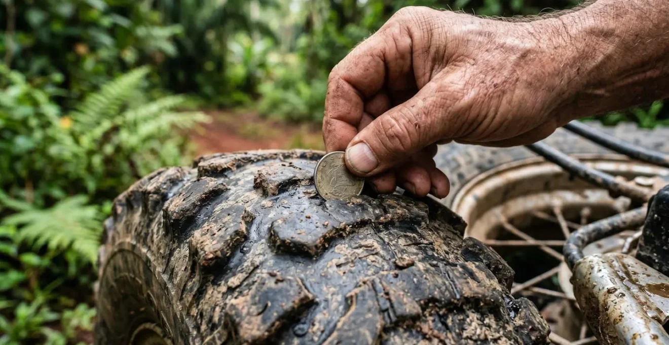 Close-up of hands inspecting ATV tire tread and suspension in tropical setting