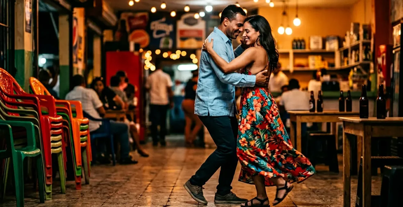 Dominican dancers performing traditional bachata in an atmospheric colmado setting