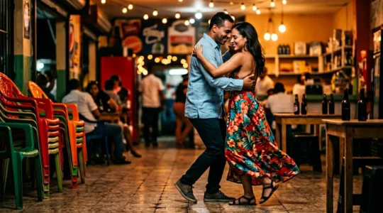 Dominican dancers performing traditional bachata in an atmospheric colmado setting