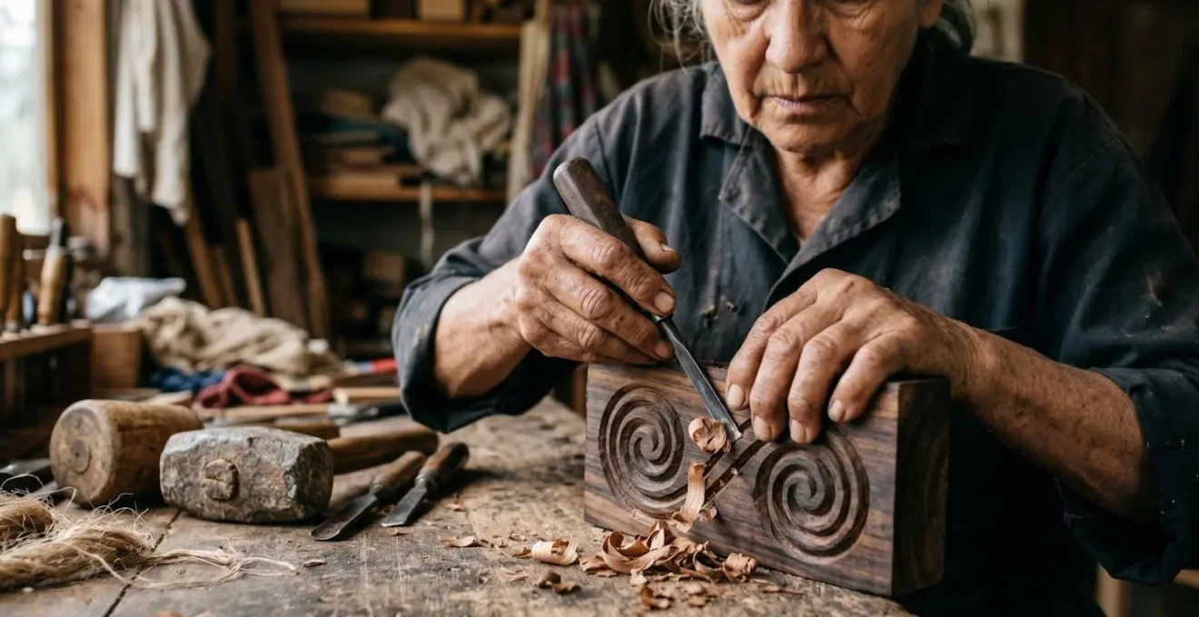 Hands of a Taino artisan carving traditional patterns into guayacan wood