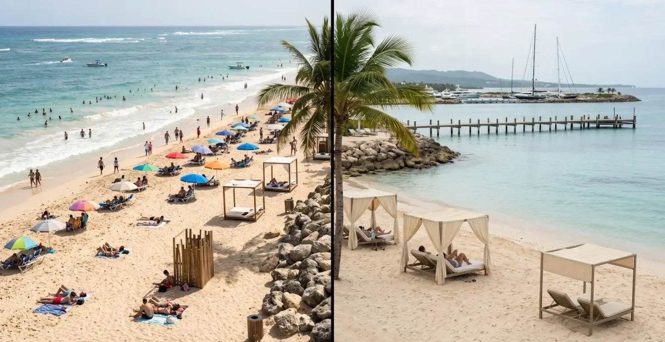 Split composition showing contrasting beach atmospheres of two resort areas