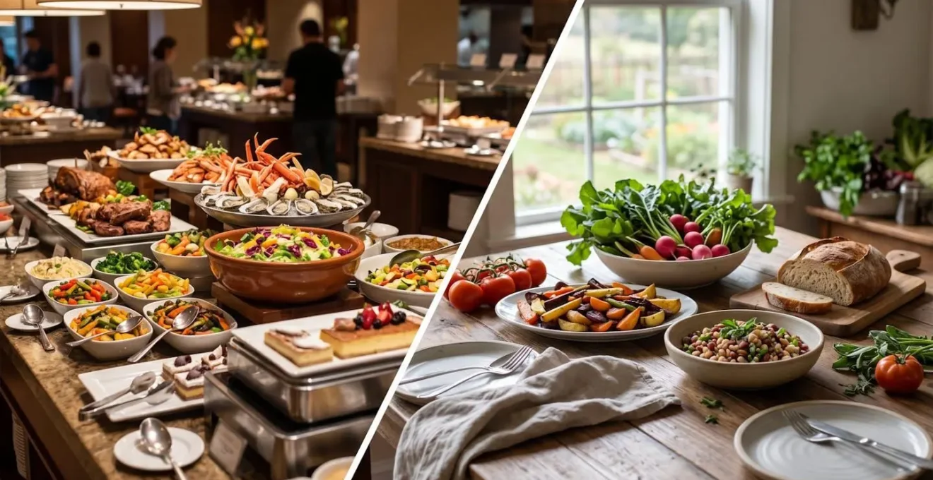 Contrast between lavish buffet display and rustic farm-to-table setting