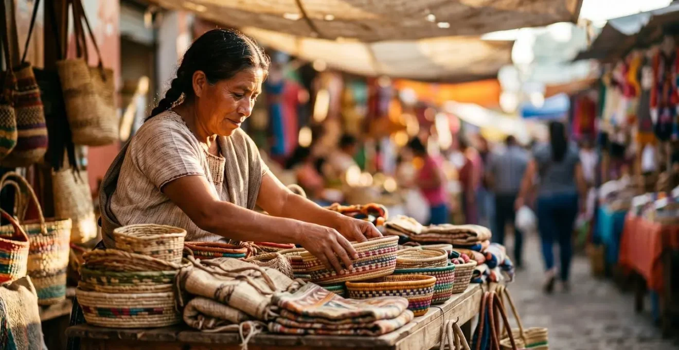 Early morning scene at a traditional craft market with vendors arranging handmade goods under soft light