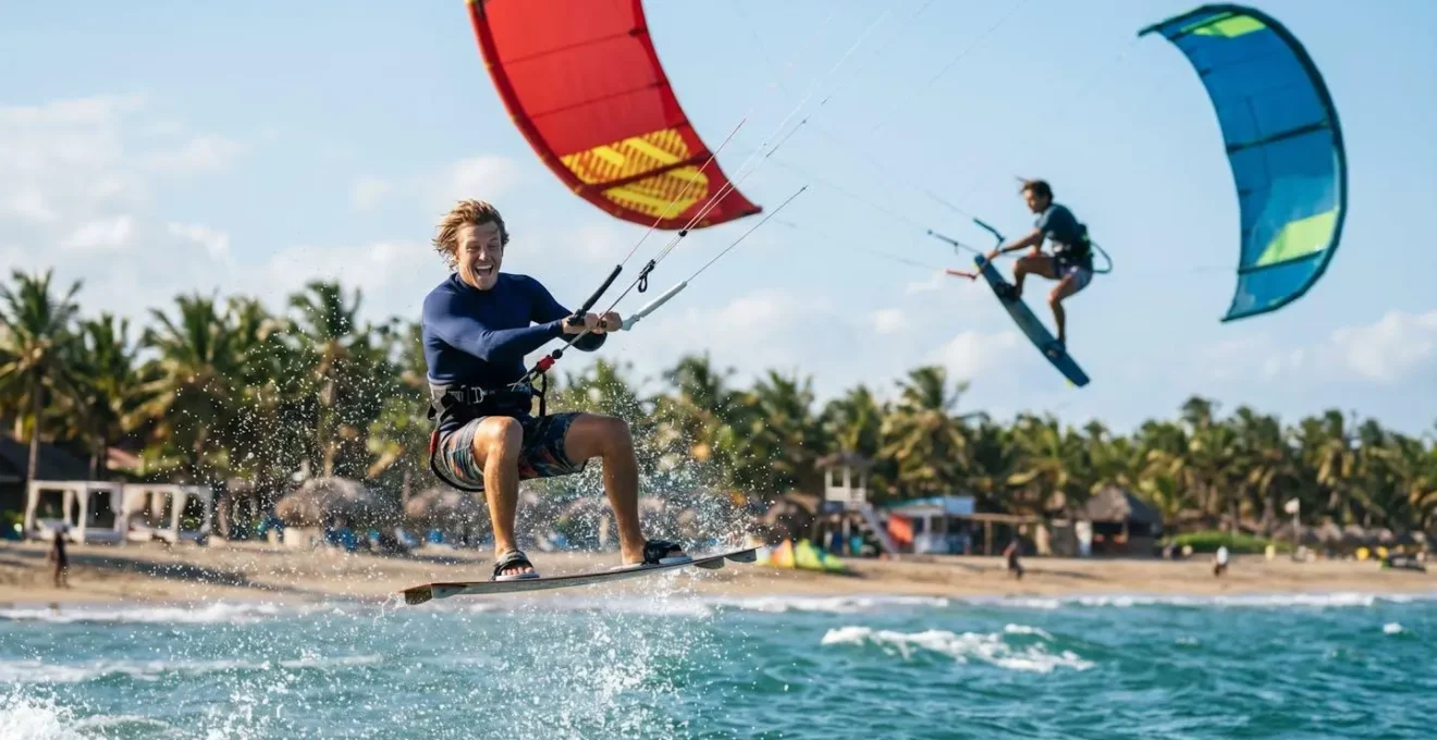 Kitesurfers riding thermal winds on Cabarete beach during peak season