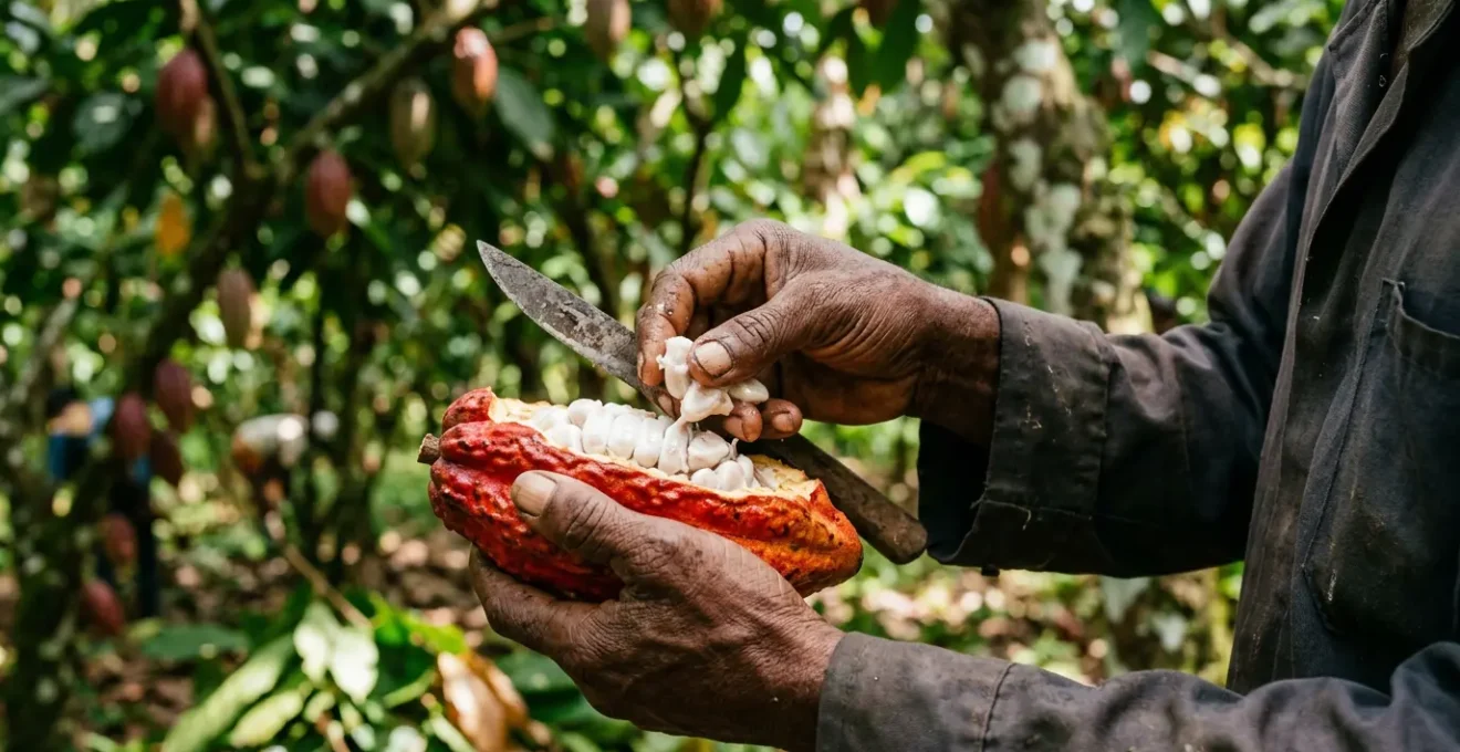 Hands holding freshly opened cacao pod with white pulp-covered seeds visible against backdrop of cacao trees