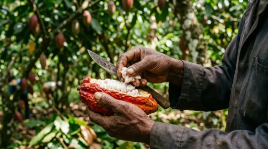 Hands holding freshly opened cacao pod with white pulp-covered seeds visible against backdrop of cacao trees