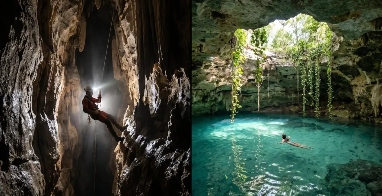 Split composition showing an adventurer rappelling into a dark cave on the left and a peaceful turquoise cenote with visitors on the right.