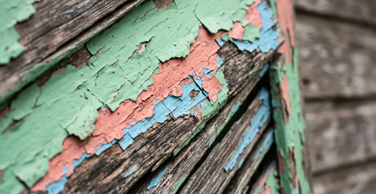 Macro detail of weathered pastel paint layers on Victorian wooden shutters showing historical color changes