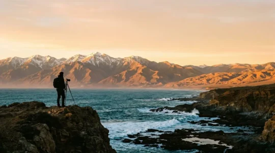 Photographer silhouetted against dramatic transitional landscape where coastal cliffs meet mountain foothills with desert visible in distance