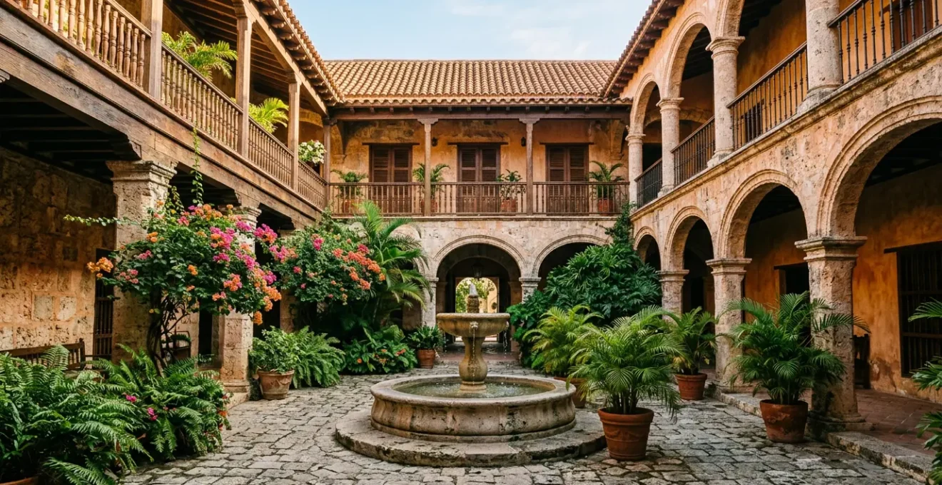 Restored colonial courtyard in Santo Domingo's Zona Colonial with tropical fountain and historic Spanish architecture