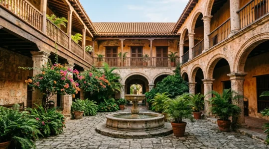 Restored colonial courtyard in Santo Domingo's Zona Colonial with tropical fountain and historic Spanish architecture