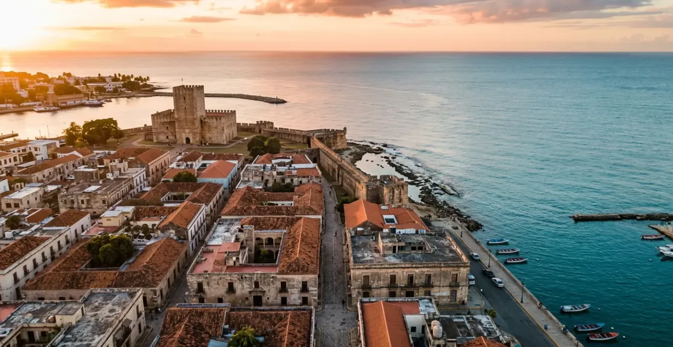 Historic colonial streets and fortress of Santo Domingo with Caribbean sea view