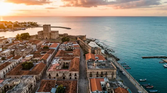 Historic colonial streets and fortress of Santo Domingo with Caribbean sea view