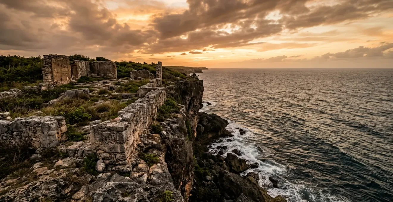 Stone foundations of Columbus's house overlooking the Atlantic Ocean at La Isabela archaeological site in Dominican Republic