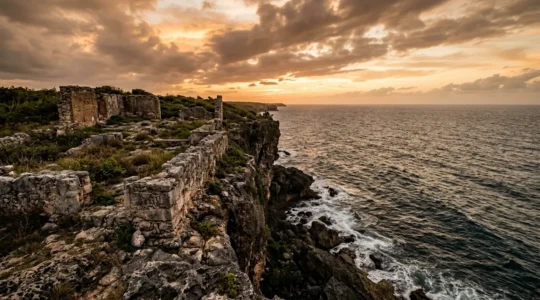 Stone foundations of Columbus's house overlooking the Atlantic Ocean at La Isabela archaeological site in Dominican Republic