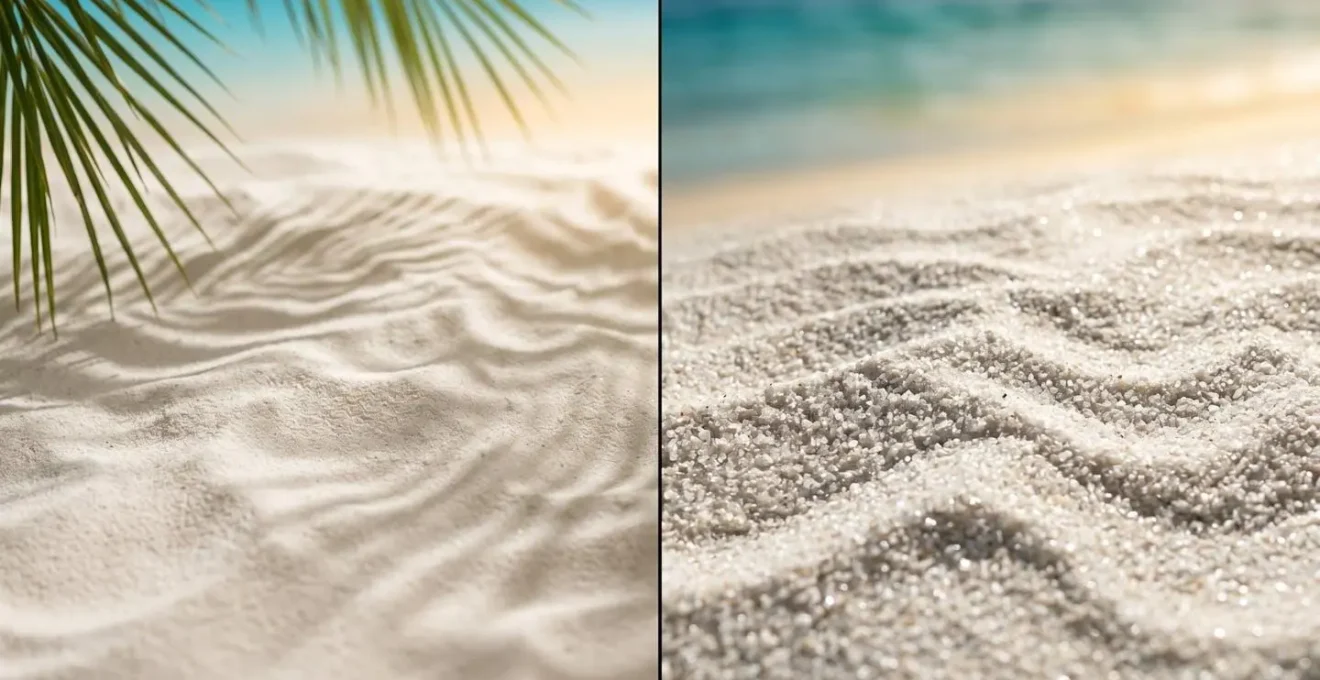 Split composition showing contrasting white sand textures from two different beach locations with varying light conditions