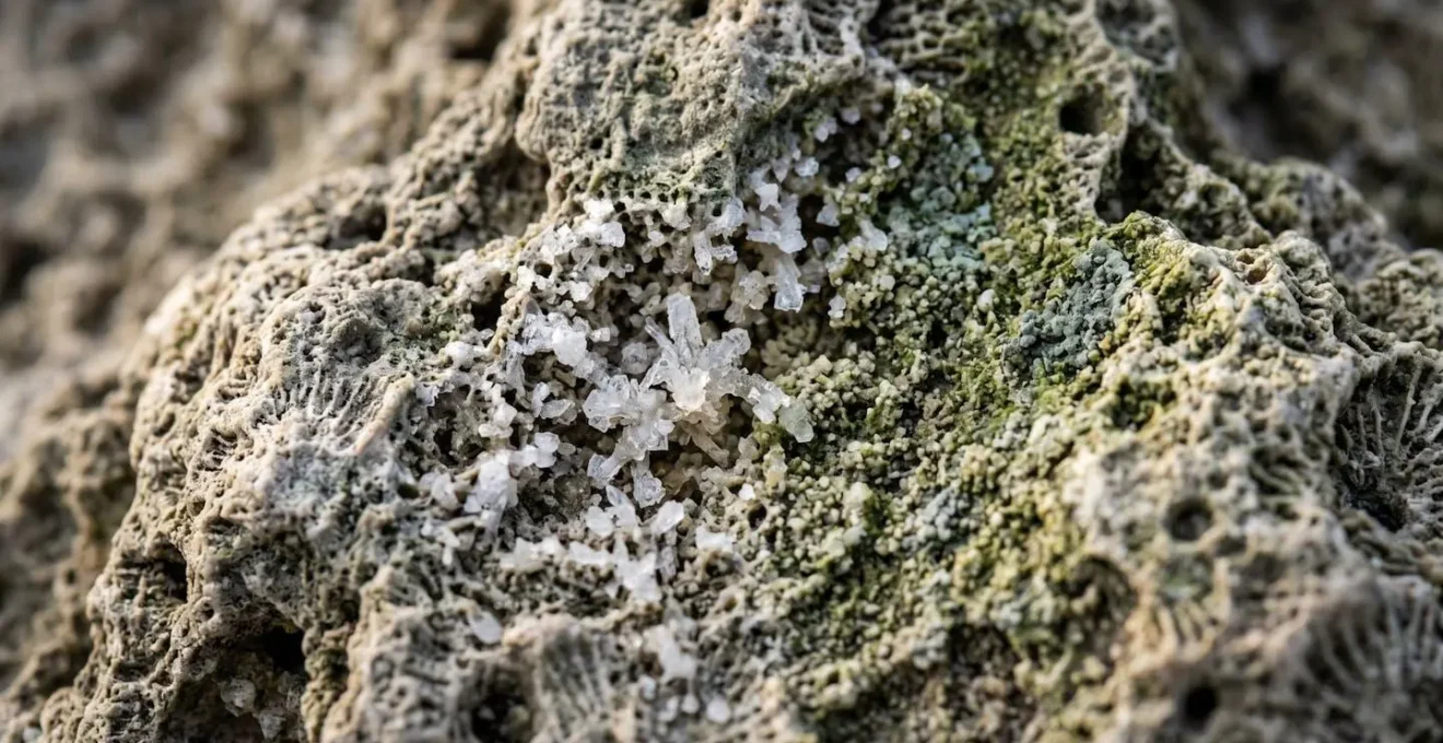 Extreme close-up of coral limestone surface showing salt crystallization and biological growth patterns
