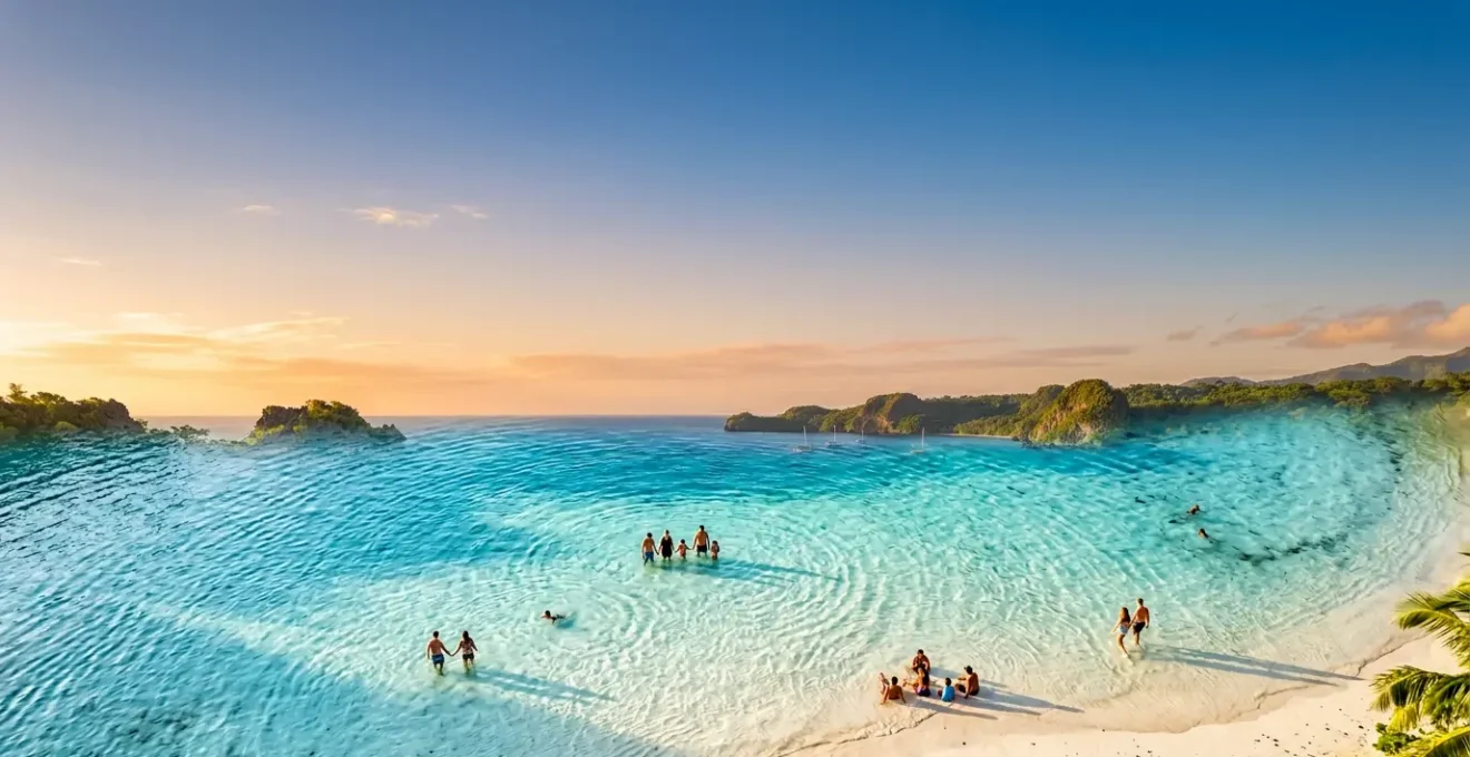 Shallow turquoise lagoon with white sand visible beneath crystal clear water, families wading in calm protected bay