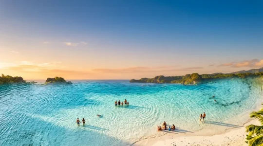 Shallow turquoise lagoon with white sand visible beneath crystal clear water, families wading in calm protected bay