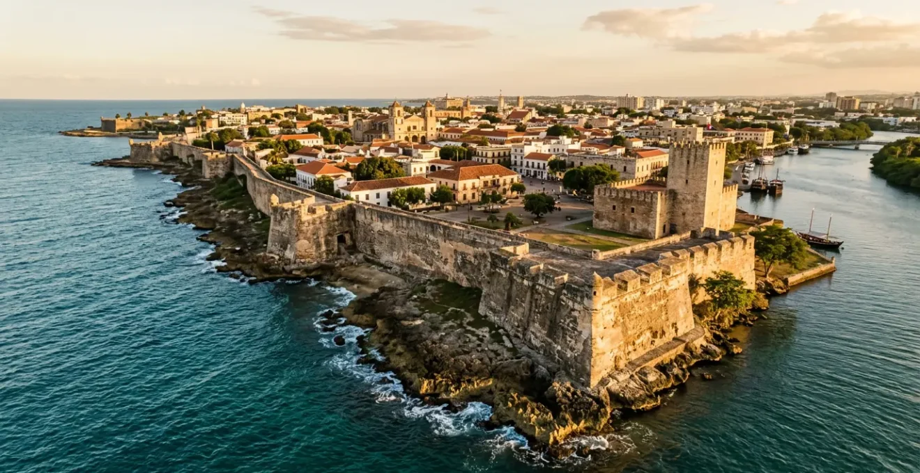 Historic coral stone defensive walls of Santo Domingo with ocean view