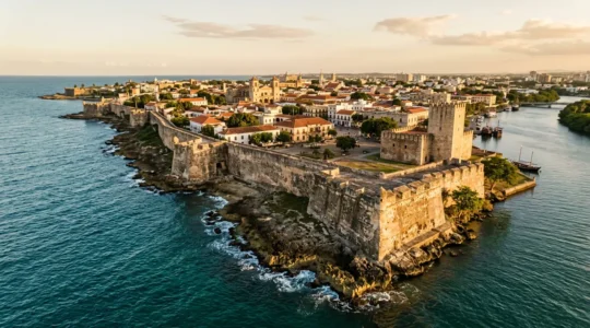 Historic coral stone defensive walls of Santo Domingo with ocean view