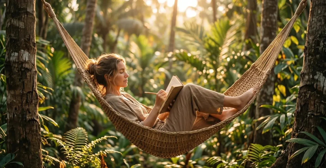 Person relaxing in hammock at jungle eco-lodge during sunset without devices