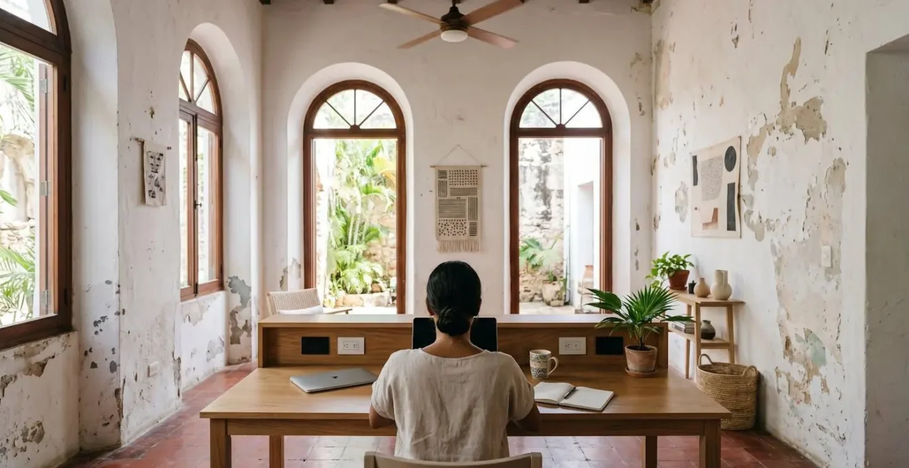 Digital nomad working on laptop in bright hostel workspace with strong natural light