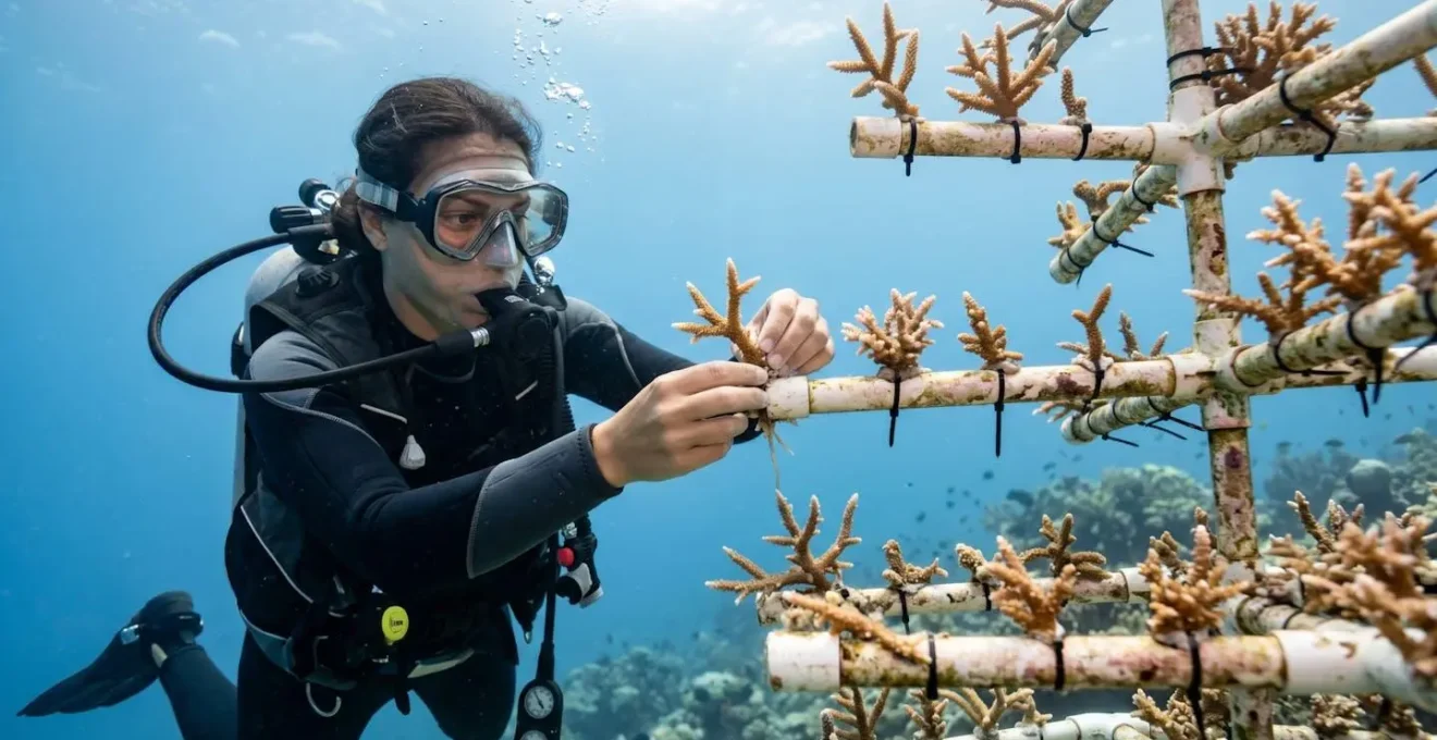 Underwater view of diver working on coral restoration nursery structure