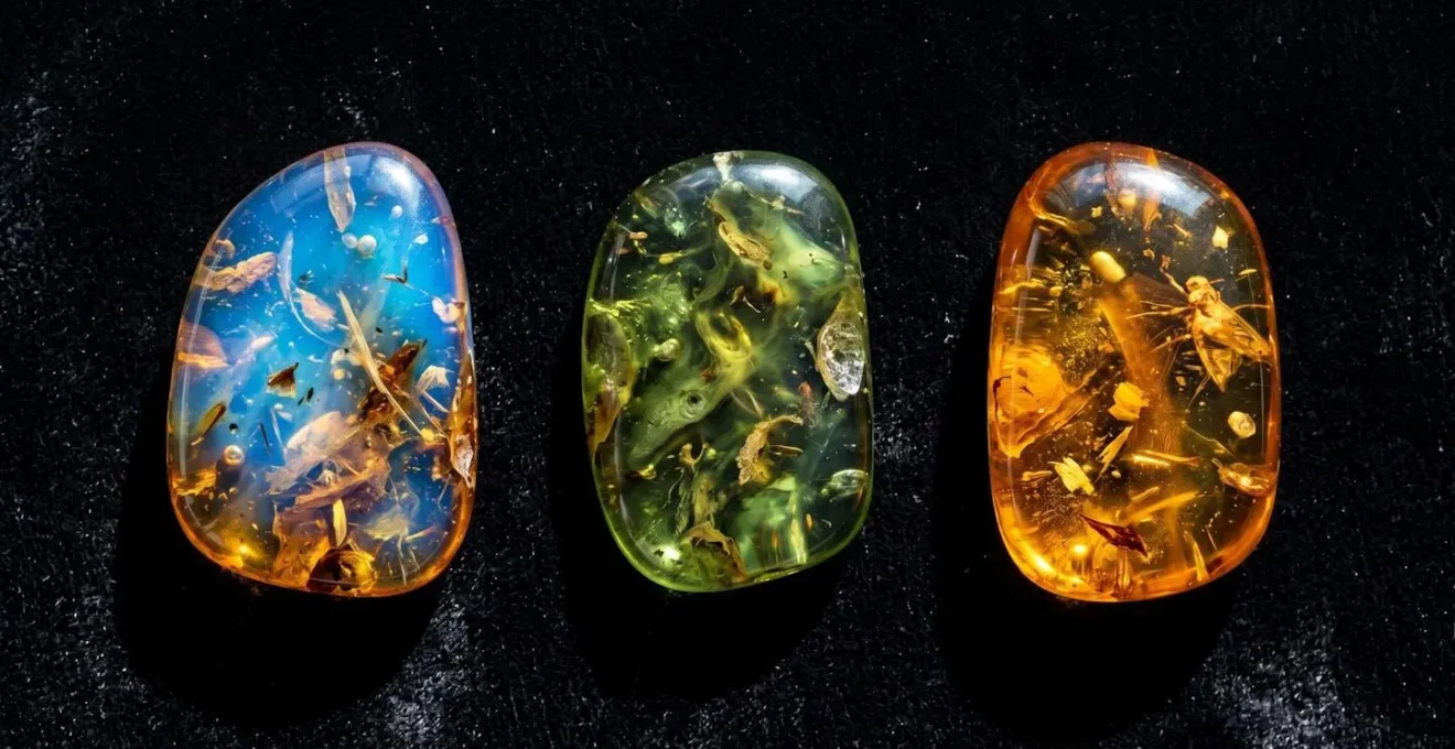 Blue, green, and honey-colored Dominican amber specimens under natural light