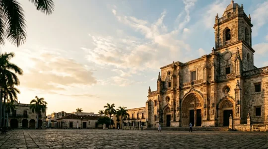 Gothic and Baroque facade of Santo Domingo cathedral with coral limestone details