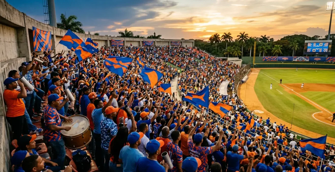 Passionate Dominican baseball fans creating electric atmosphere at Quisqueya Stadium