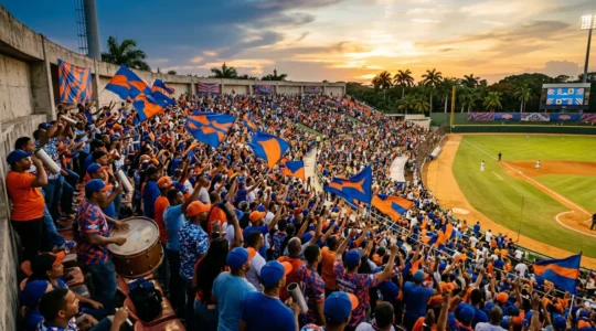 Passionate Dominican baseball fans creating electric atmosphere at Quisqueya Stadium