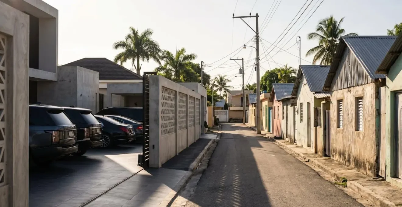 Luxurious modern house next to traditional Dominican home showing economic transformation