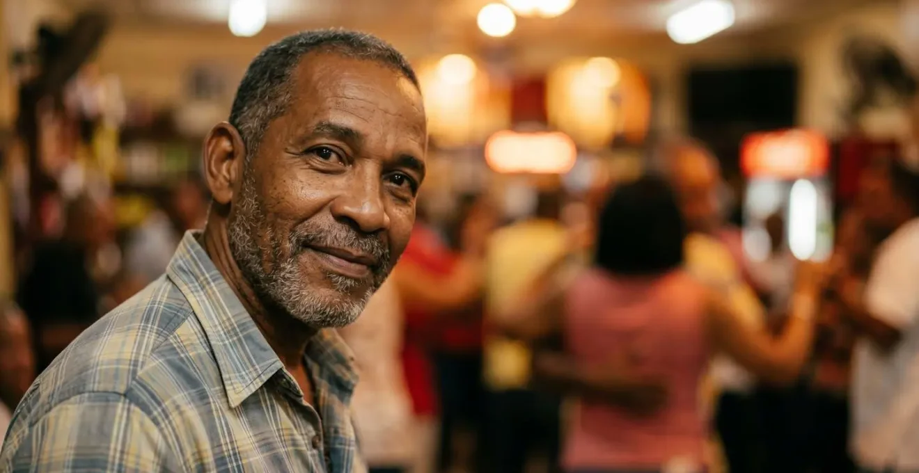 Close-up of Dominican dancer making subtle cabeceo head nod invitation across dance floor