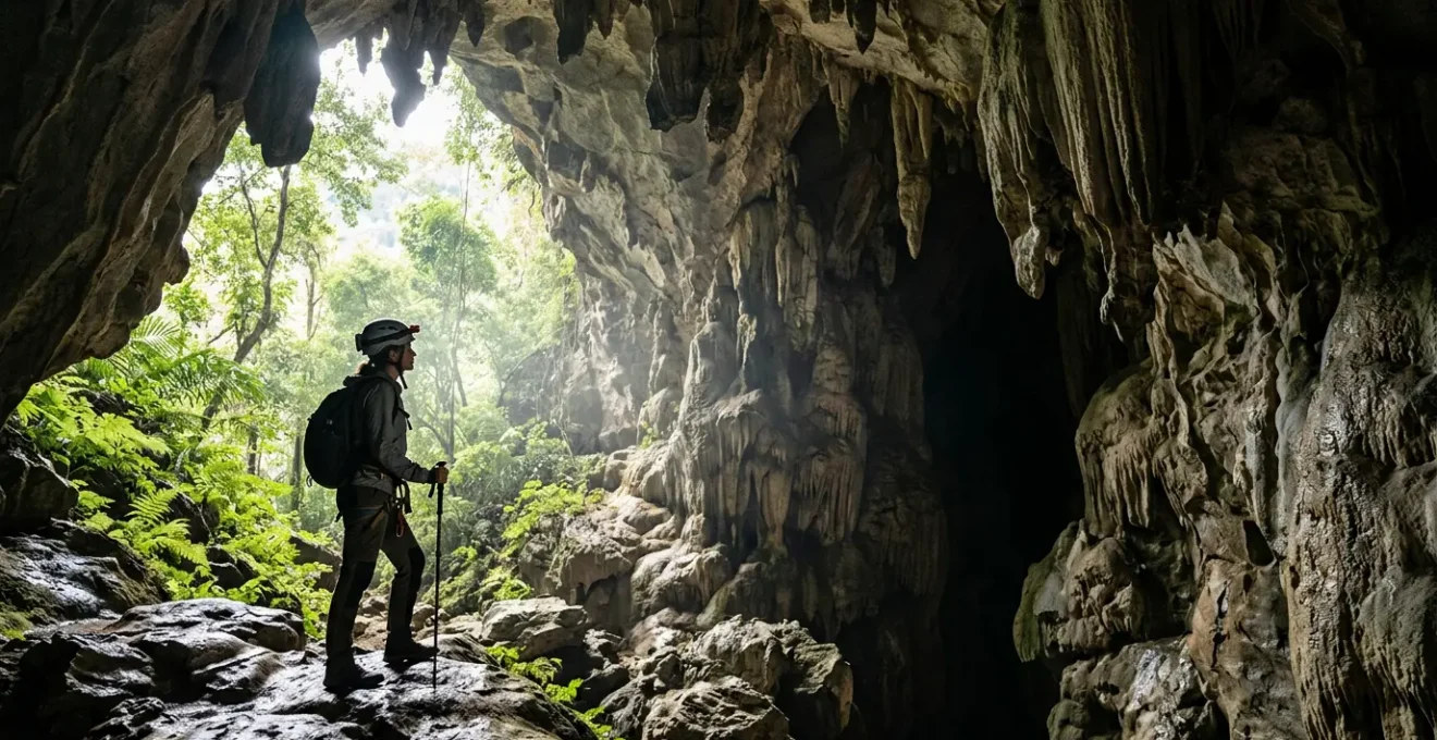 Explorer standing at the entrance of a limestone cave with dramatic stalactites, natural light illuminating the ancient cavern interior
