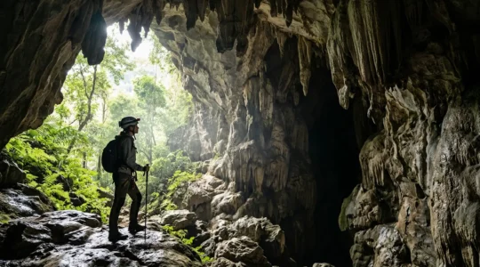 Explorer standing at the entrance of a limestone cave with dramatic stalactites, natural light illuminating the ancient cavern interior
