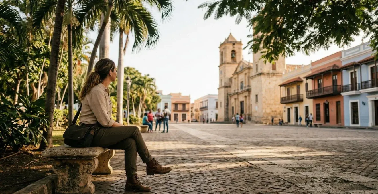 Solo traveler exploring a vibrant Dominican city center plaza