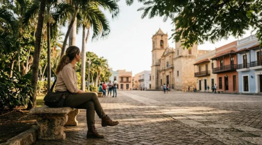 Solo traveler exploring a vibrant Dominican city center plaza