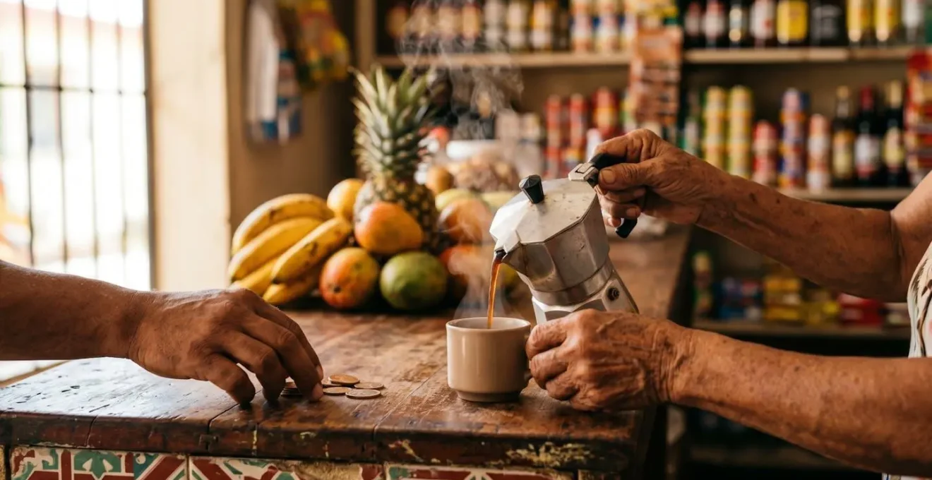 Interior view of a traditional Dominican colmado showing coffee preparation area