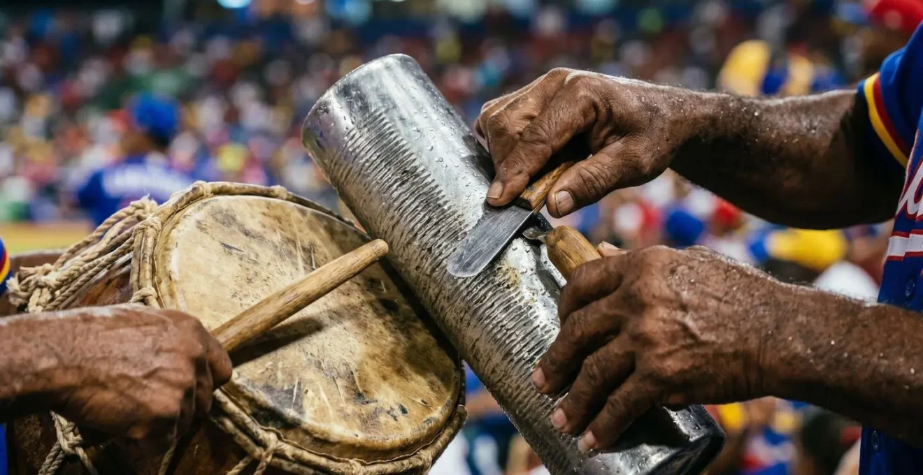 Close-up of Dominican baseball fans playing tamboras and güiras in stadium stands