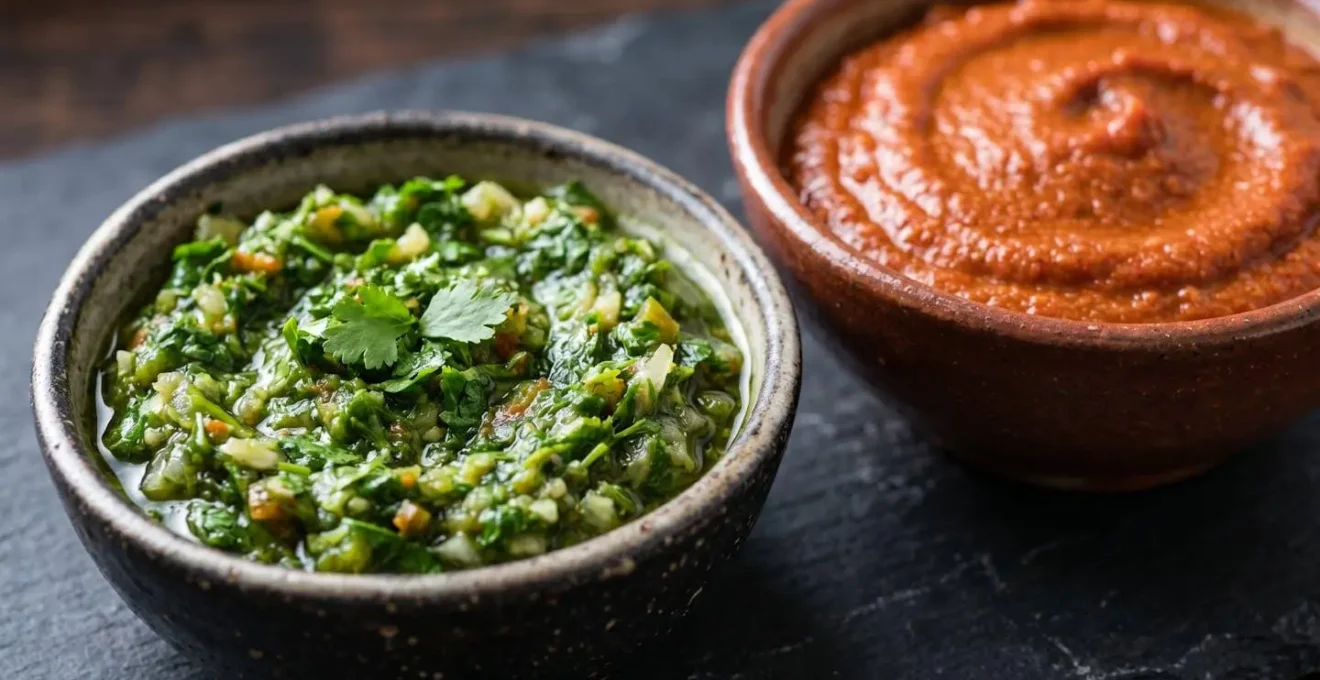 Visual contrast between vibrant green Puerto Rican sofrito and reddish-orange Dominican sazón in rustic bowls
